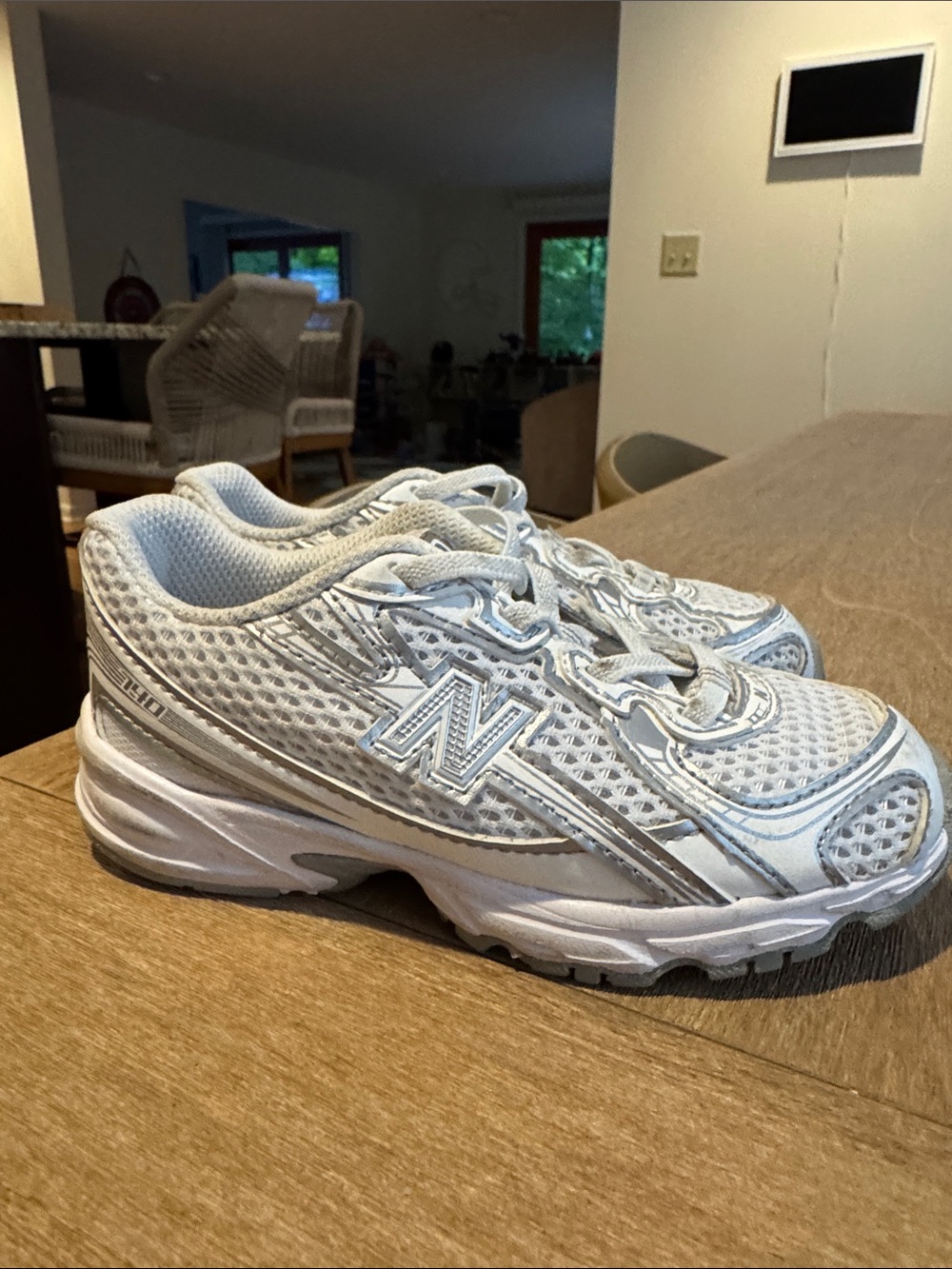 New Balance Kids White Mesh & Silver Trim Sneakers